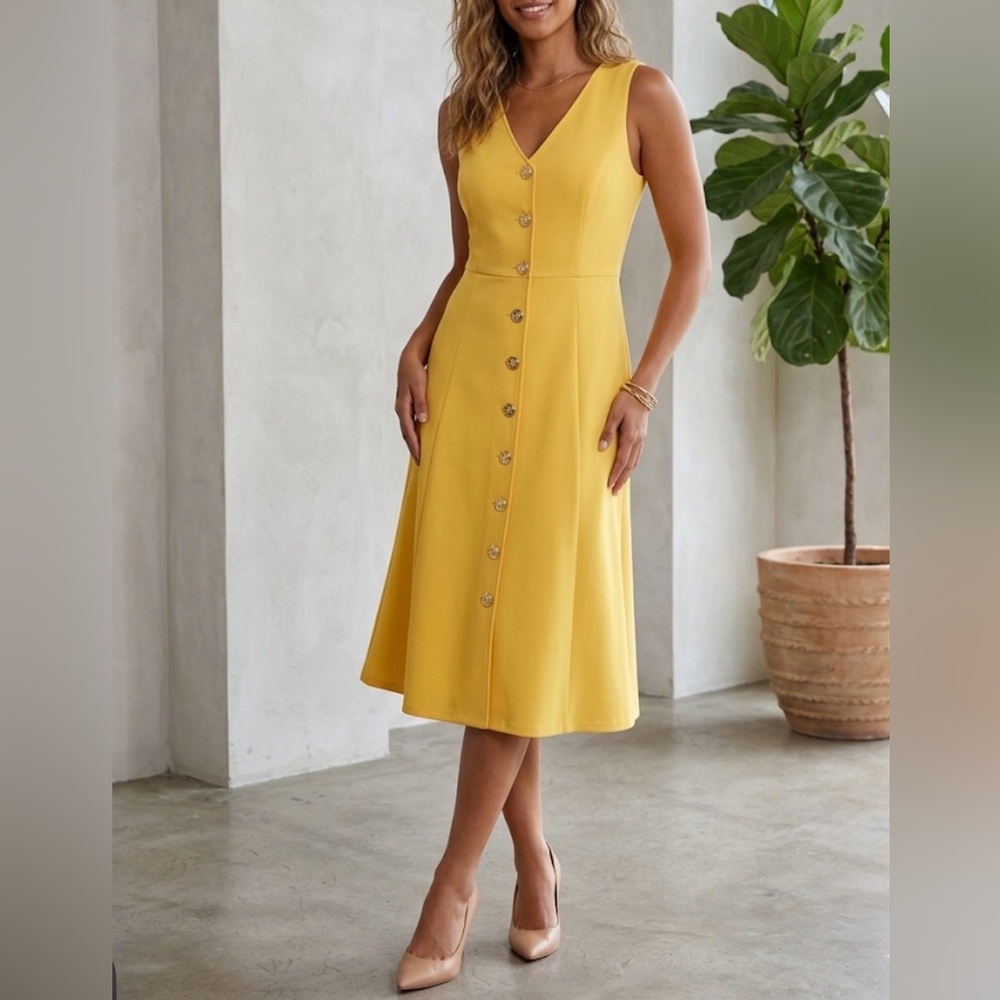 Tommy Hilfiger Sleeveless V-Neck Button-Front Midi Dress Yellow size 8
